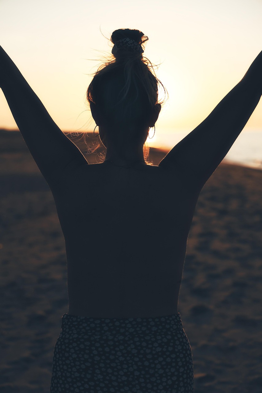 woman, beach, silhouette, sand, coast, happy, sunset, girl, stand, person, nature