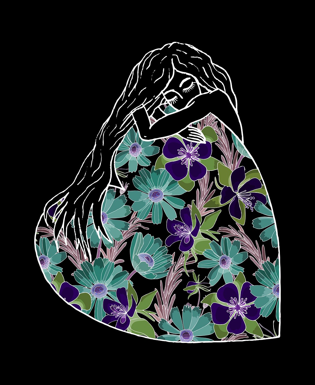 girl, heart, love, flower background, painting, flowers, feelings, romantic, woman, hug, beautiful flowers, nature, falling in love, flower wallpaper, cherish, loyalty, relationship, drawing, art