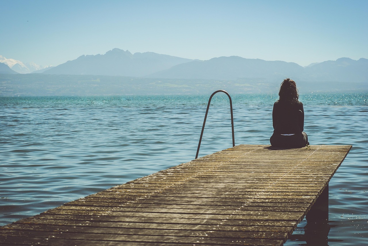 woman, dock, nature, lake, outdoors, person, pier, scenic, sitting, water, jetty, alone, sit, solitude, solitary, lonely